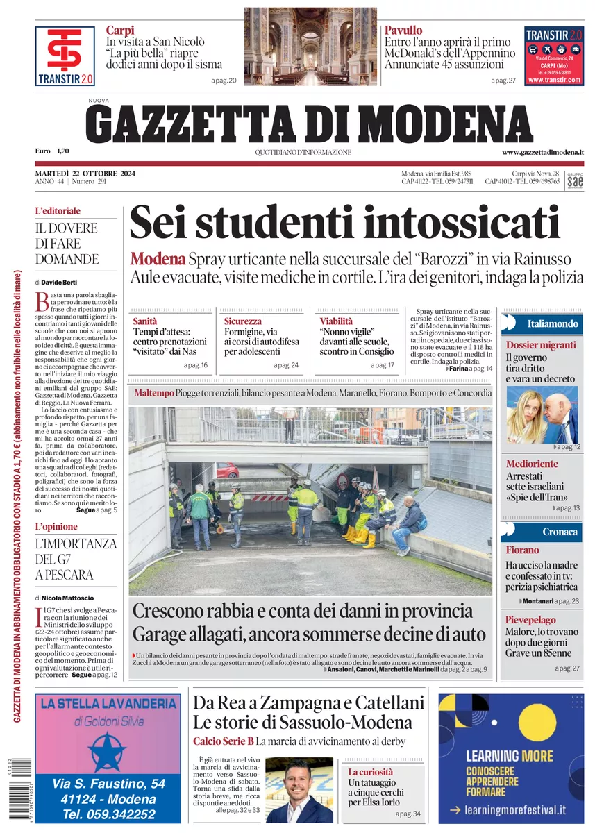 Prima-pagina-gazzetta di modena-oggi-edizione-del-2024-10-22